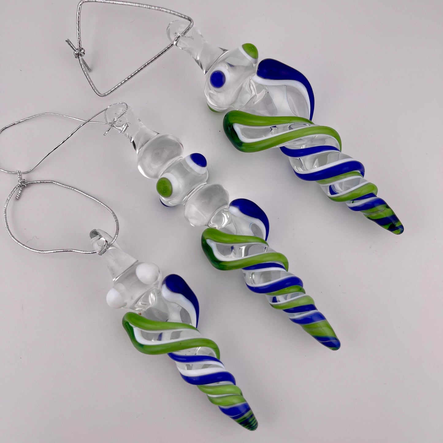 3 Pack of Sparkly Green and Cobalt Blue over Lotus White Glass Icicle Ornament Designs “Holiday Special” - JeffBeckerGlass.com
