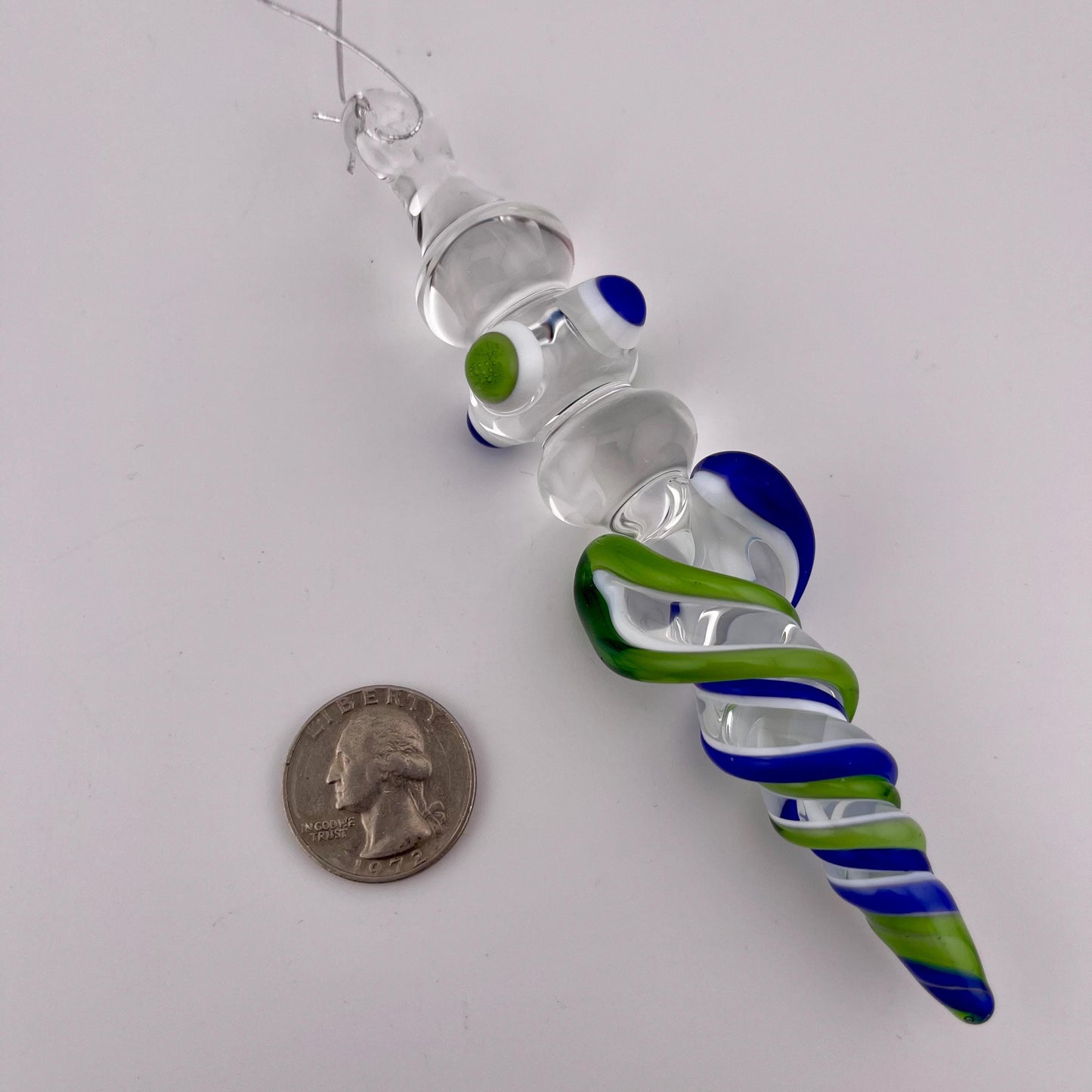 3 Pack of Sparkly Green and Cobalt Blue over Lotus White Glass Icicle Ornament Designs “Holiday Special” - JeffBeckerGlass.com