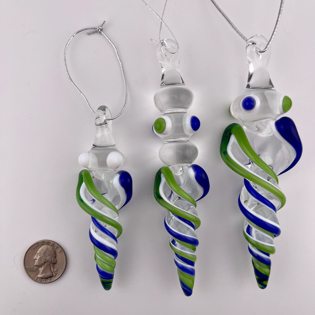 3 Pack of Sparkly Green and Cobalt Blue over Lotus White Glass Icicle Ornament Designs “Holiday Special” - JeffBeckerGlass.com