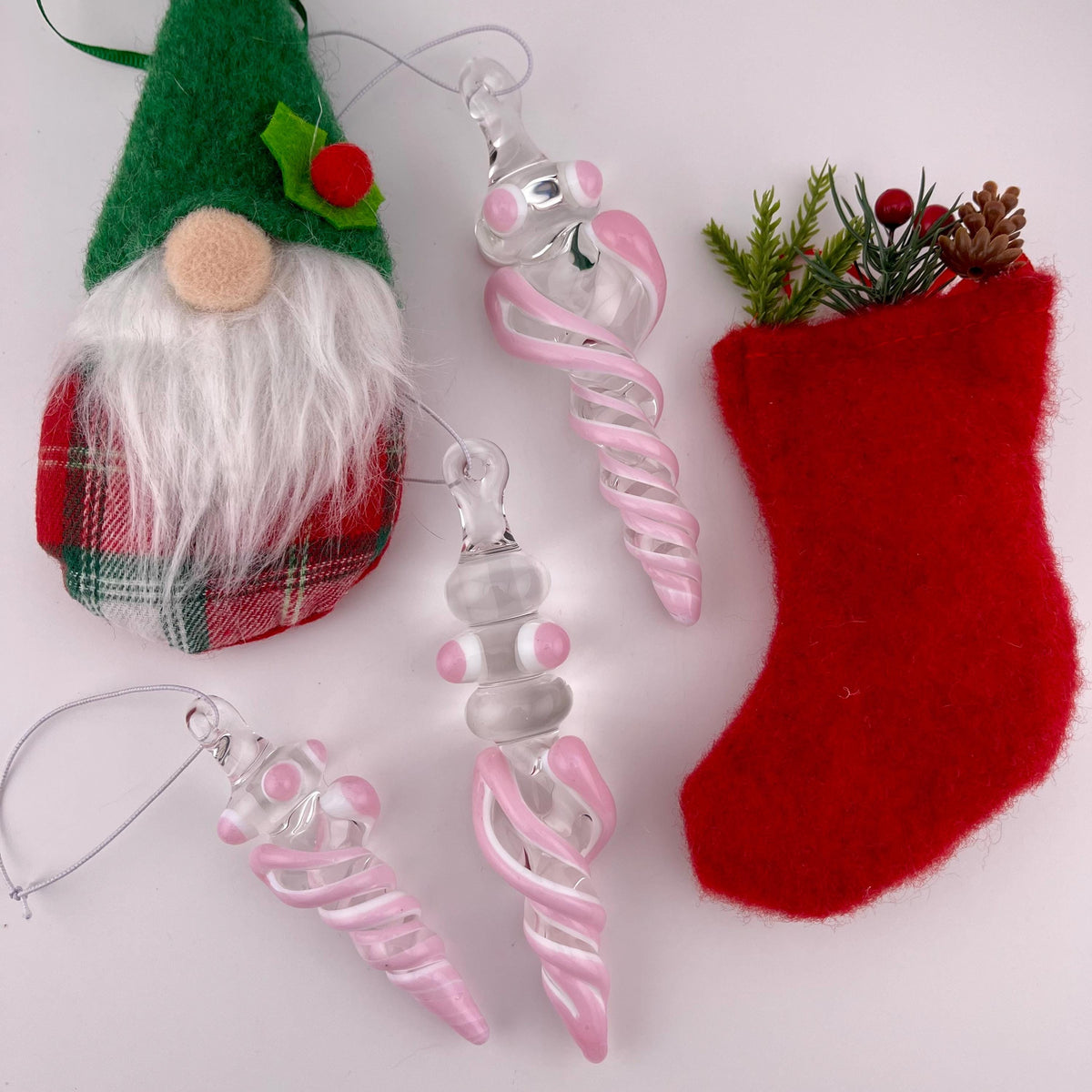 3 Pack of Pink over Lotus White Glass Icicle Ornament Designs “Holiday Special” - JeffBeckerGlass.com