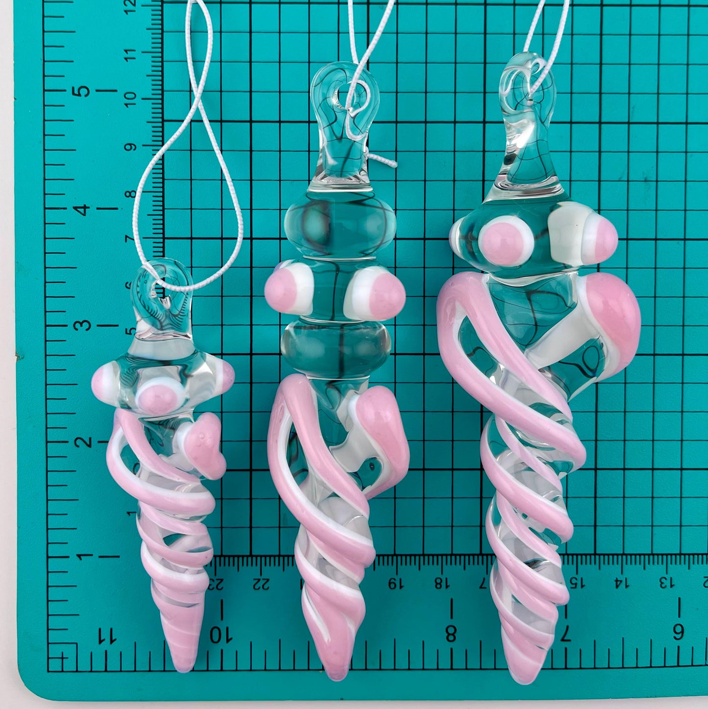 3 Pack of Pink over Lotus White Glass Icicle Ornament Designs “Holiday Special” - JeffBeckerGlass.com