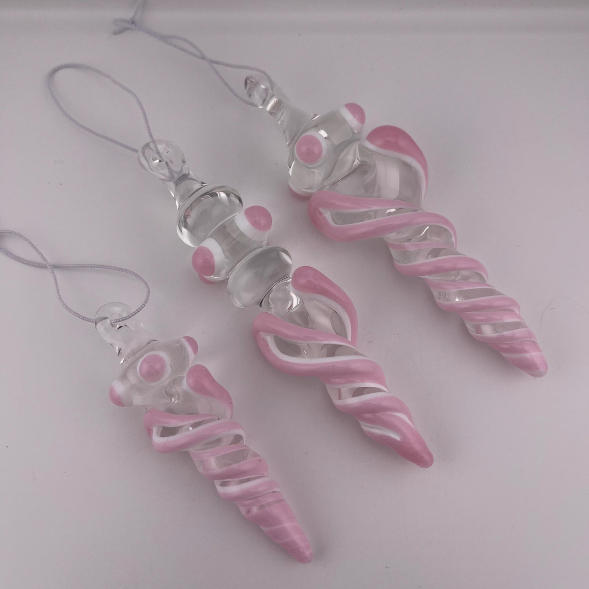 3 Pack of Pink over Lotus White Glass Icicle Ornament Designs “Holiday Special” - JeffBeckerGlass.com