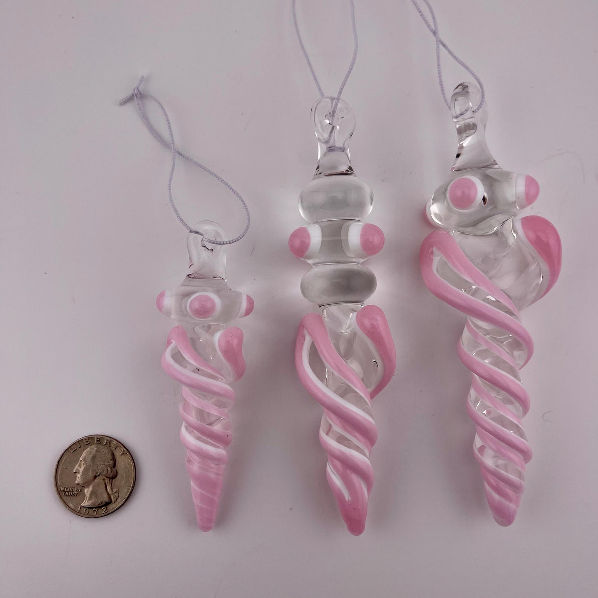 3 Pack of Pink over Lotus White Glass Icicle Ornament Designs “Holiday Special” - JeffBeckerGlass.com