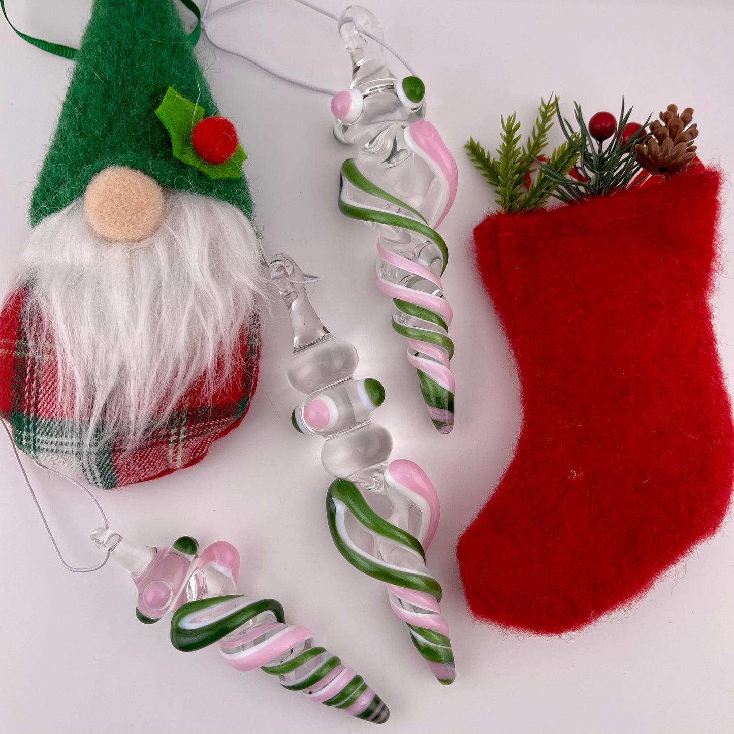 3 Pack of Pink and Sparkly Green over Lotus White Glass Icicle Ornament Designs “Holiday Special” - JeffBeckerGlass.com