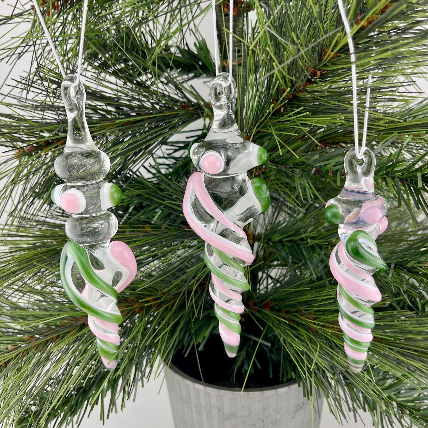 3 Pack of Pink and Sparkly Green over Lotus White Glass Icicle Ornament Designs “Holiday Special” - JeffBeckerGlass.com
