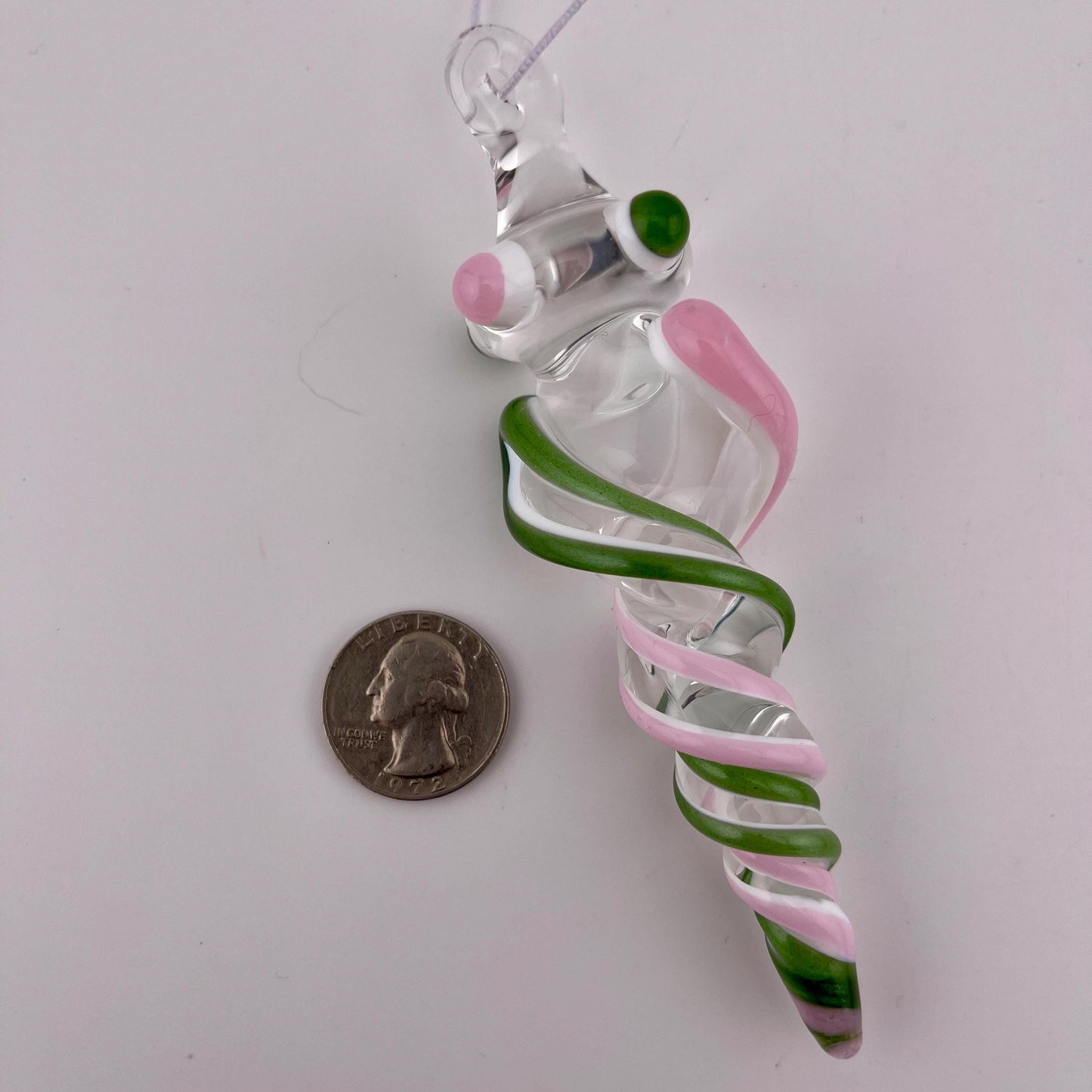 3 Pack of Pink and Sparkly Green over Lotus White Glass Icicle Ornament Designs “Holiday Special” - JeffBeckerGlass.com