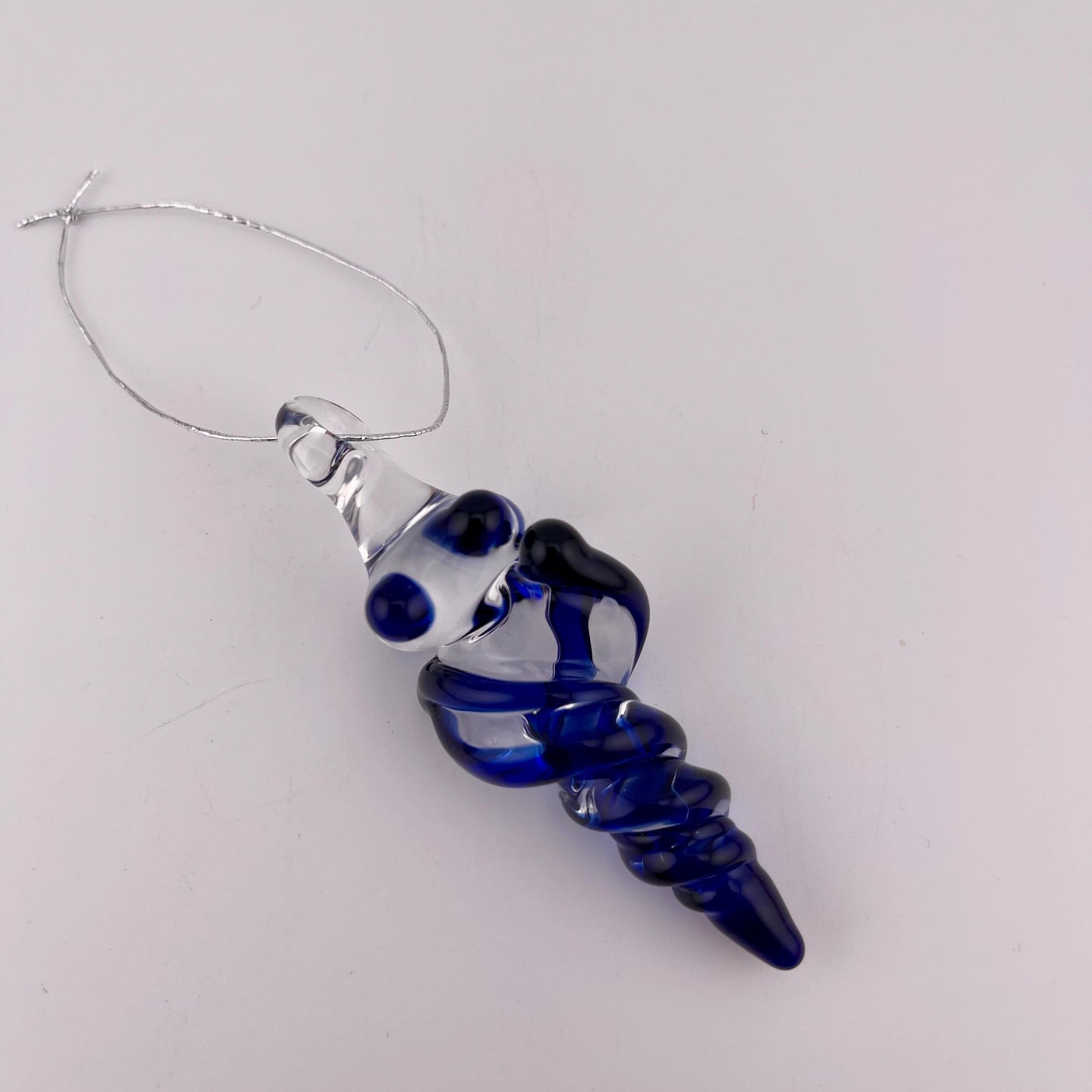 Mini Glass Icicle Ornament with Cobalt Blue Color Twist