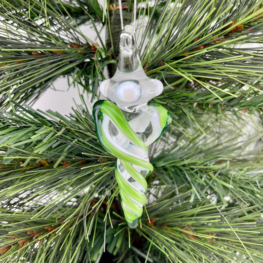 Mini Glass Icicle Ornament with Plantphibian Green over Lotus White Color Twist - JeffBeckerGlass.com