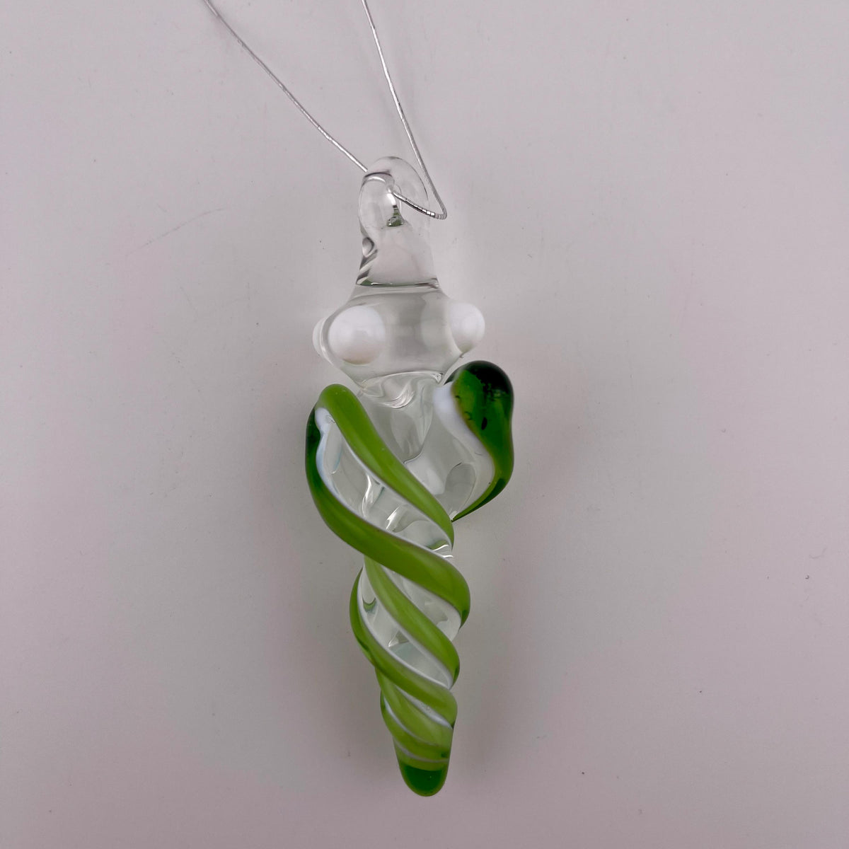 Mini Glass Icicle Ornament with Plantphibian Green over Lotus White Color Twist - JeffBeckerGlass.com