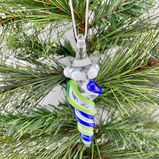 Mini Glass Icicle Ornament with Plantphibian Green and Cobalt Blue over Lotus White Color Twist - JeffBeckerGlass.com