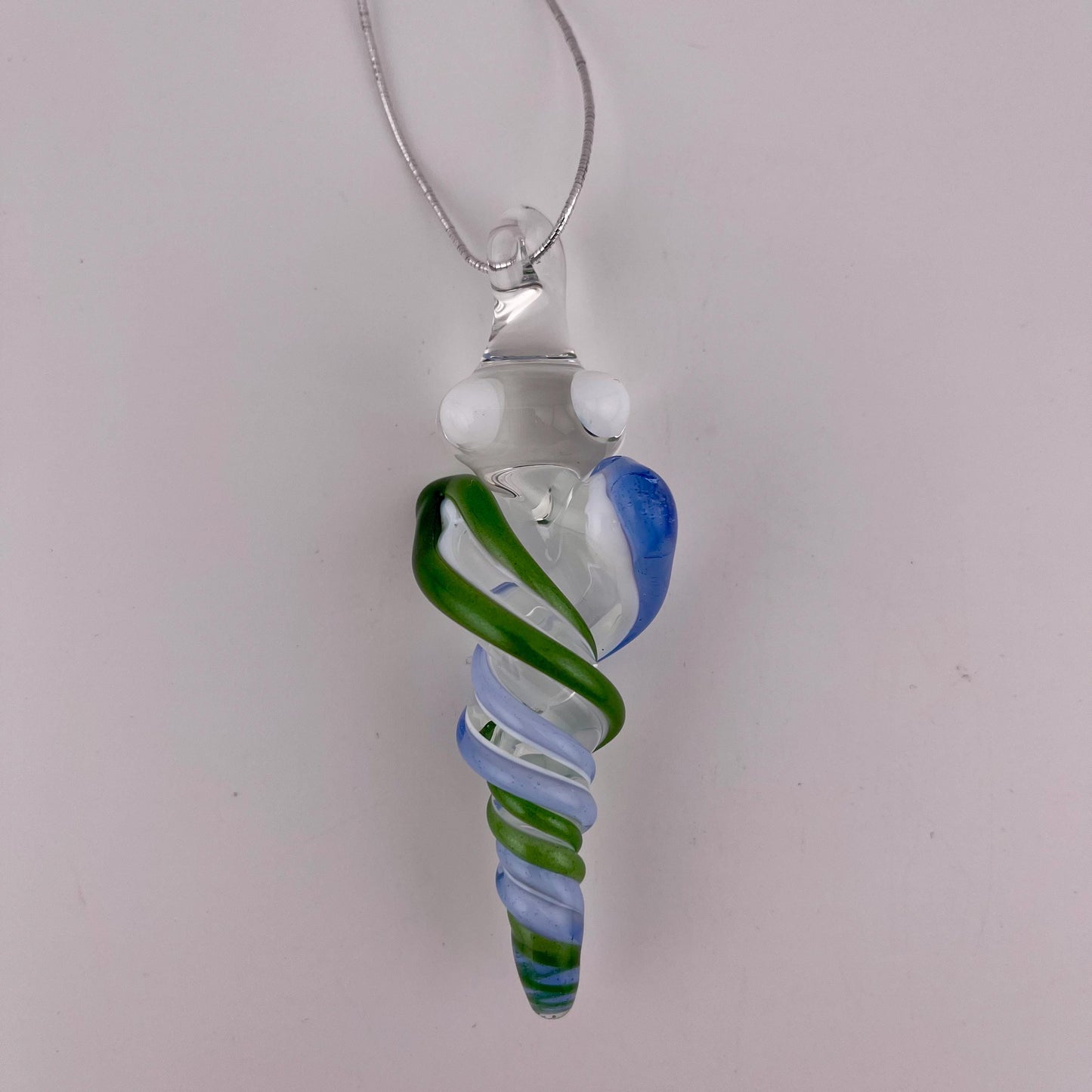 Mini Glass Icicle Ornament with Sparkly Green and Light Blue over Lotus White Color Twist - JeffBeckerGlass.com