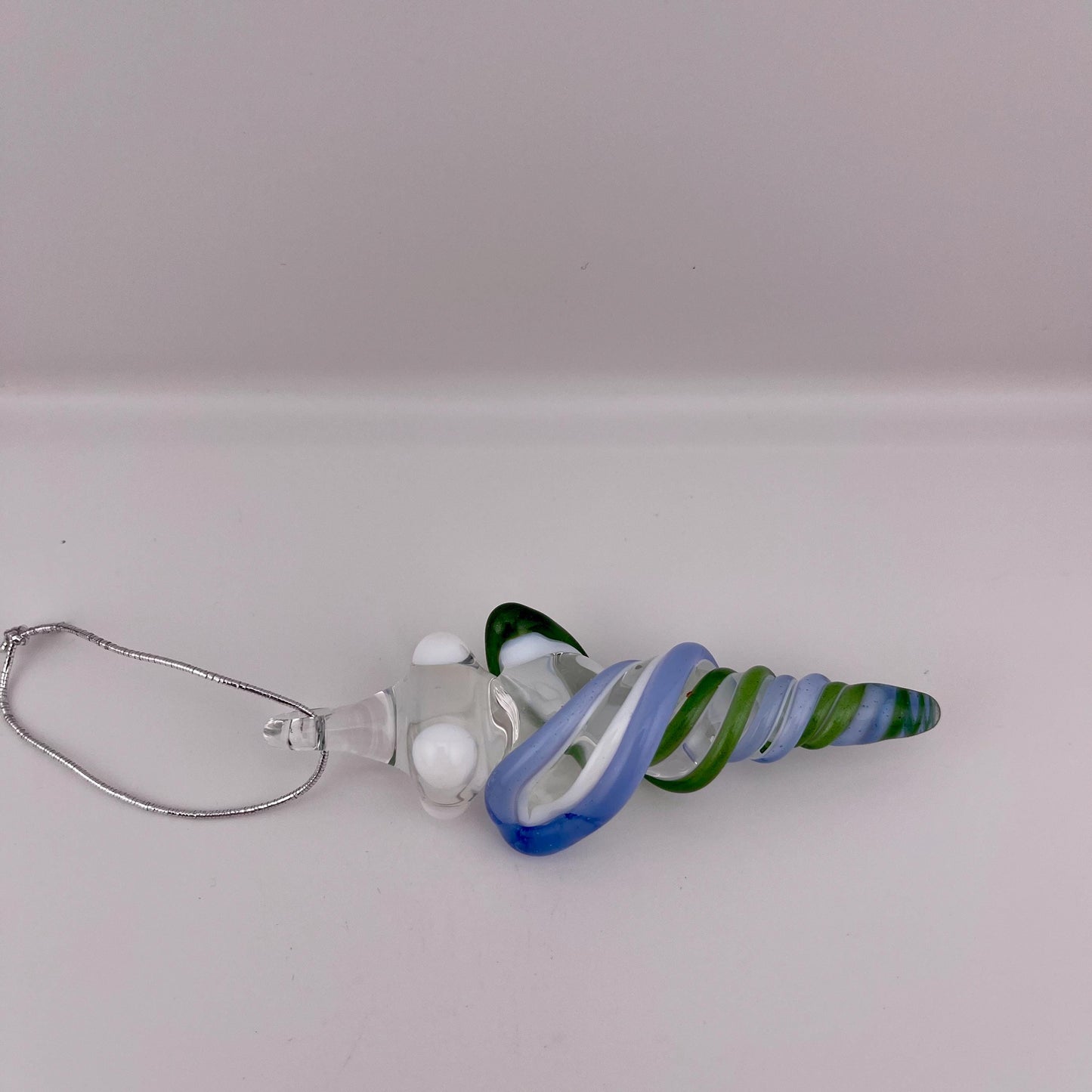 Mini Glass Icicle Ornament with Sparkly Green and Light Blue over Lotus White Color Twist - JeffBeckerGlass.com