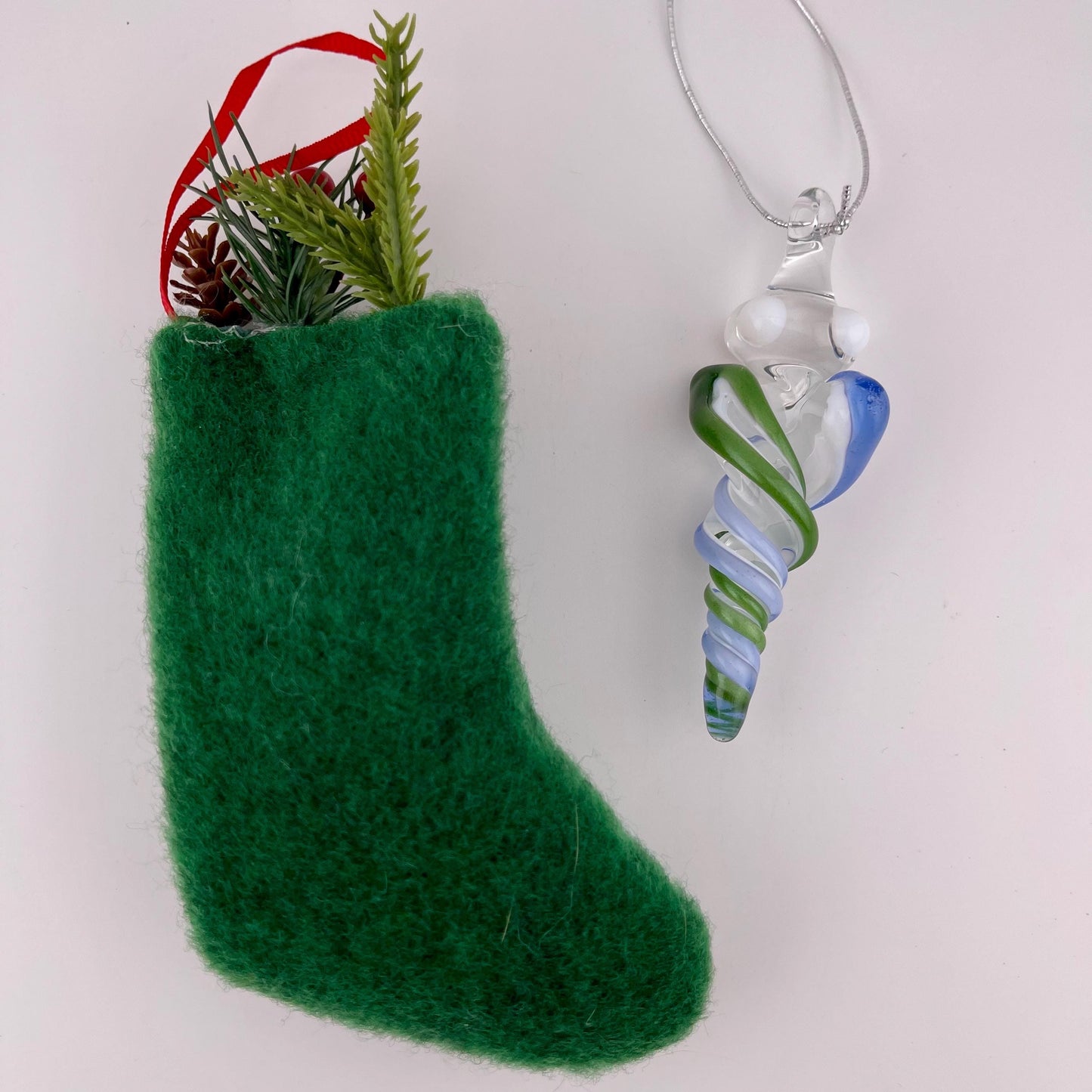 Mini Glass Icicle Ornament with Sparkly Green and Light Blue over Lotus White Color Twist - JeffBeckerGlass.com