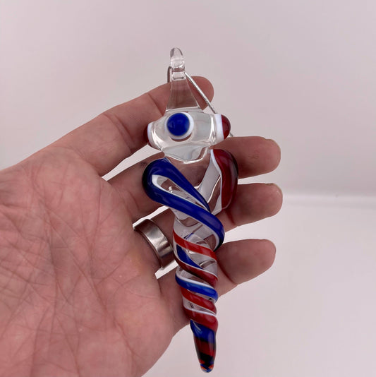 Large Elvis Red and Blue over Lotus White Glass Icicle Christmas Ornament - JeffBeckerGlass.com