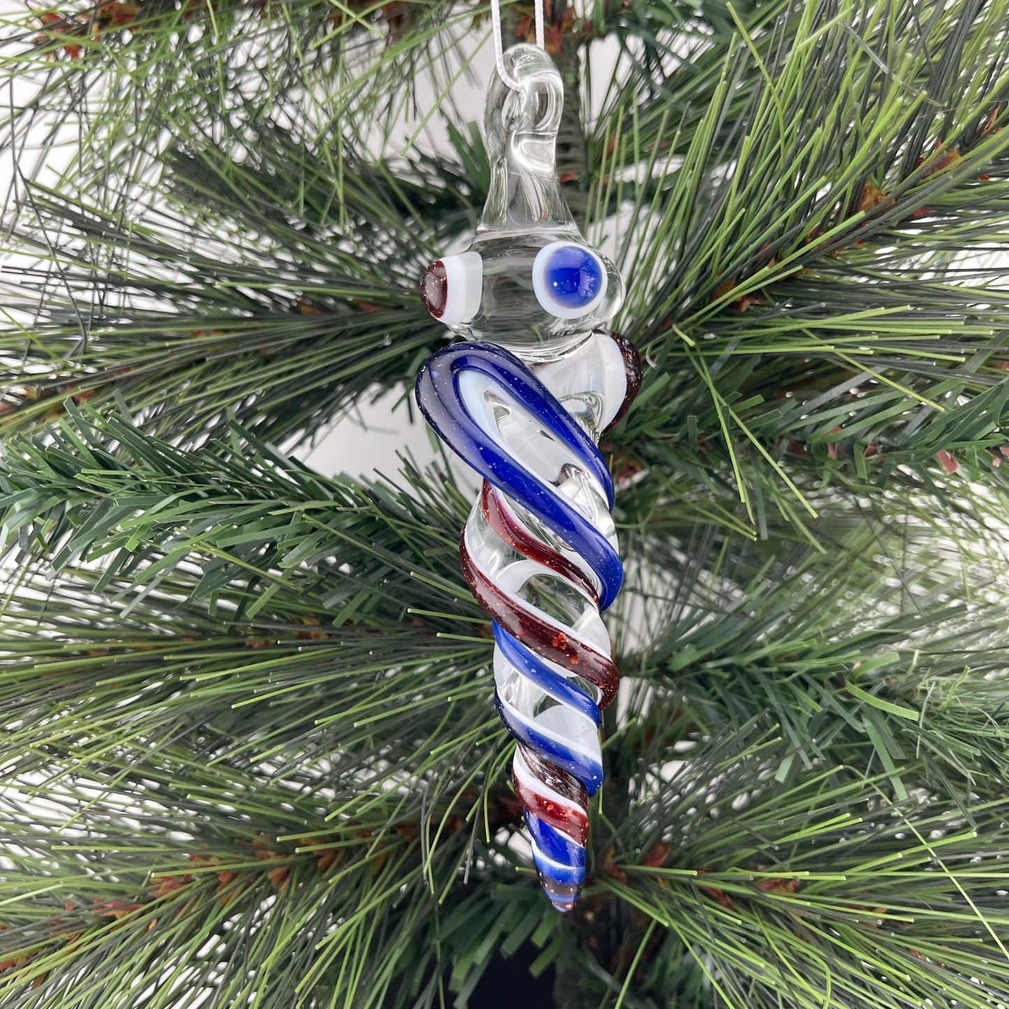 Large Blizzard Red and Blizzard Blue over Lotus White Glass Icicle Christmas Ornament - JeffBeckerGlass.com
