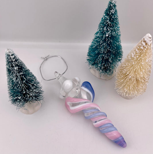 Mini Glass Icicle Ornament with Pink and Light Blue over Lotus White Color Twist - JeffBeckerGlass.com