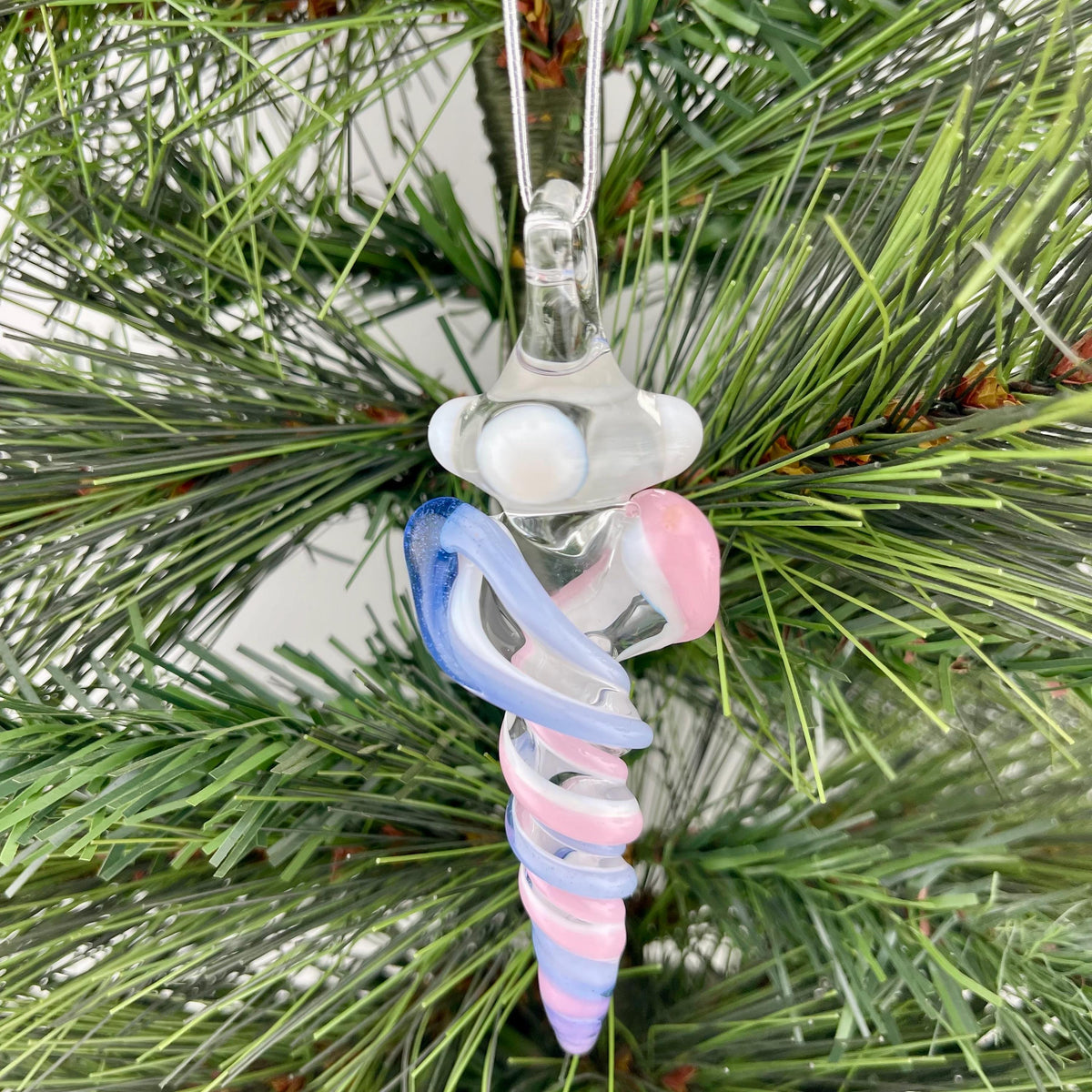 Mini Glass Icicle Ornament with Pink and Light Blue over Lotus White Color Twist - JeffBeckerGlass.com