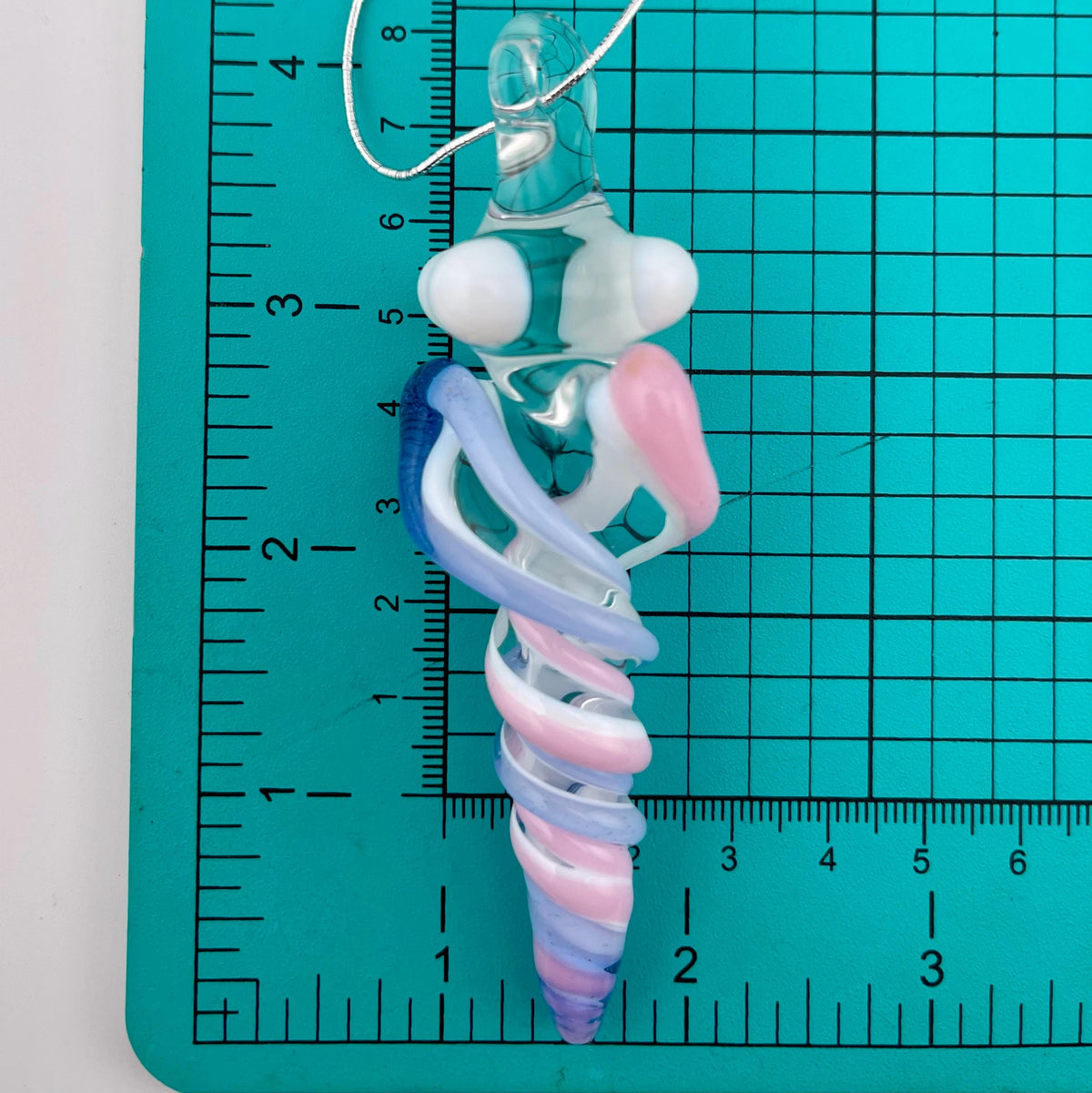 Mini Glass Icicle Ornament with Pink and Light Blue over Lotus White Color Twist - JeffBeckerGlass.com