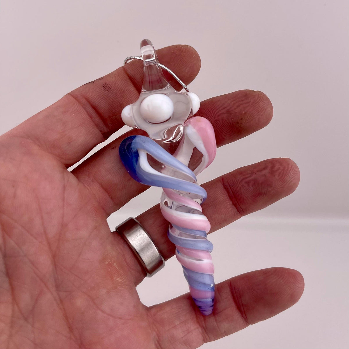 Mini Glass Icicle Ornament with Pink and Light Blue over Lotus White Color Twist - JeffBeckerGlass.com