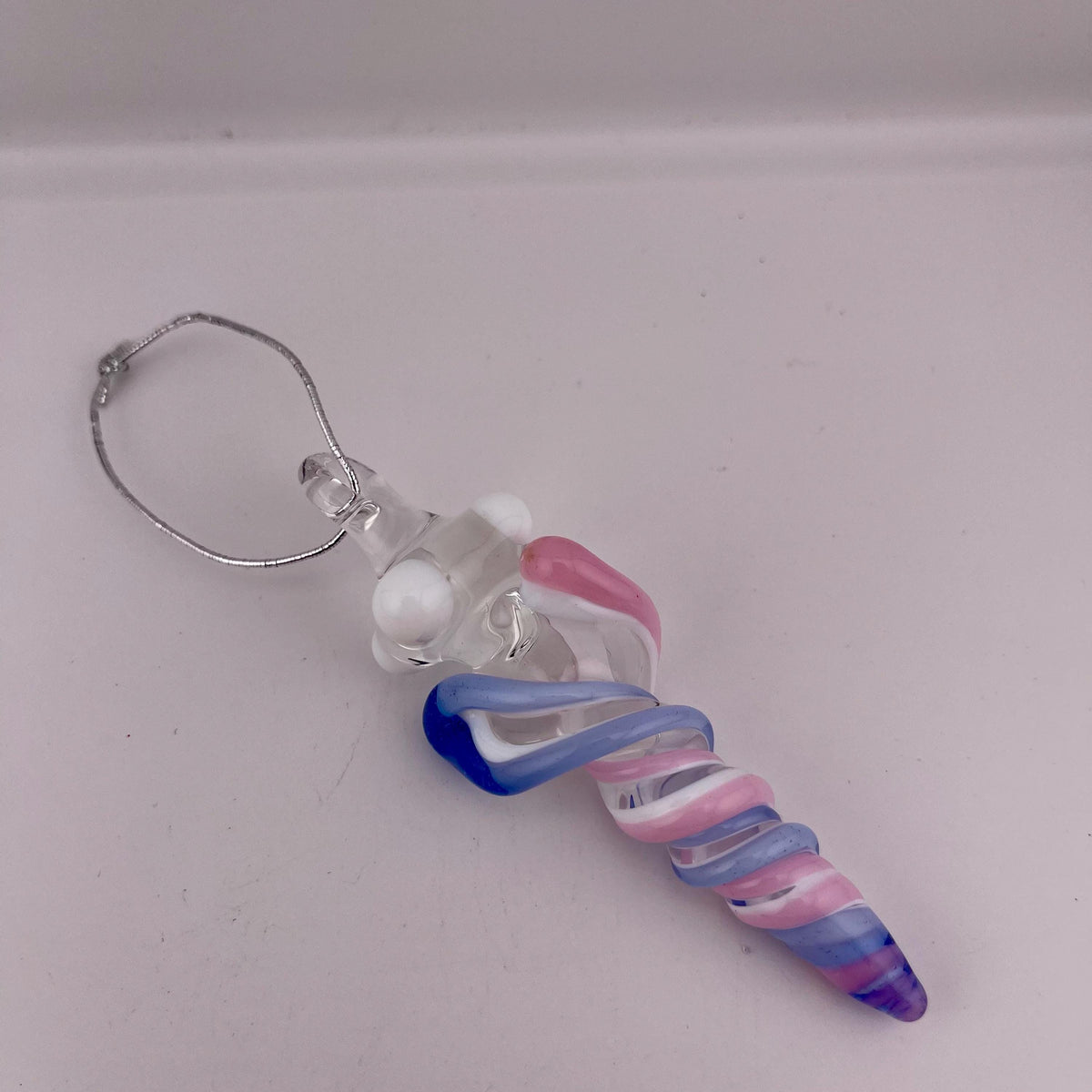 Mini Glass Icicle Ornament with Pink and Light Blue over Lotus White Color Twist - JeffBeckerGlass.com