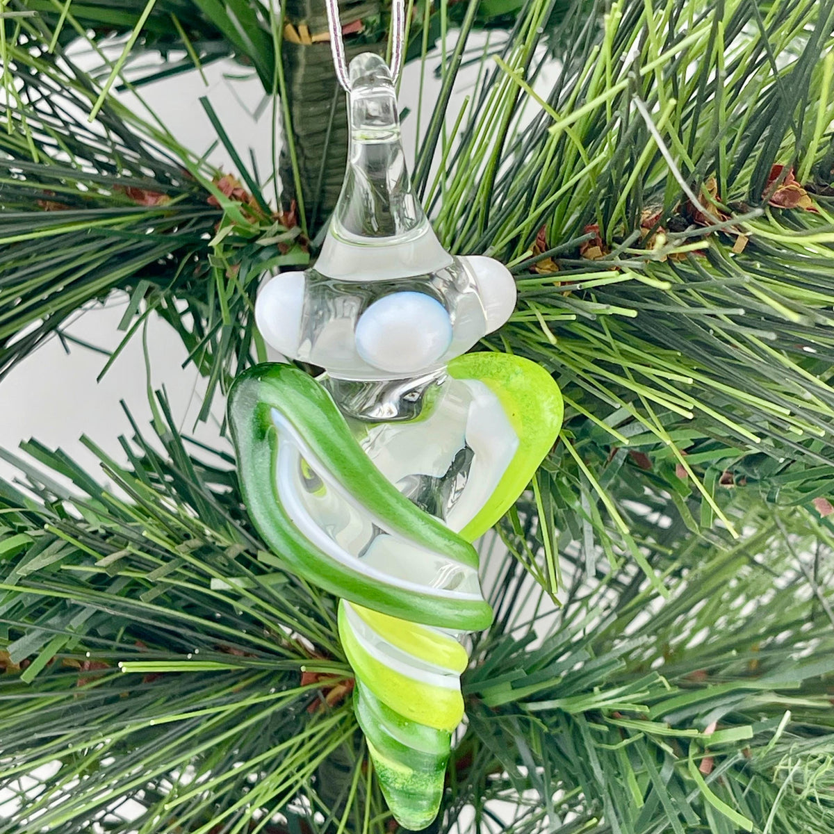 Mini Glass Icicle Ornament with Slymm Green and Sparkly green over Lotus White Color Twist - JeffBeckerGlass.com