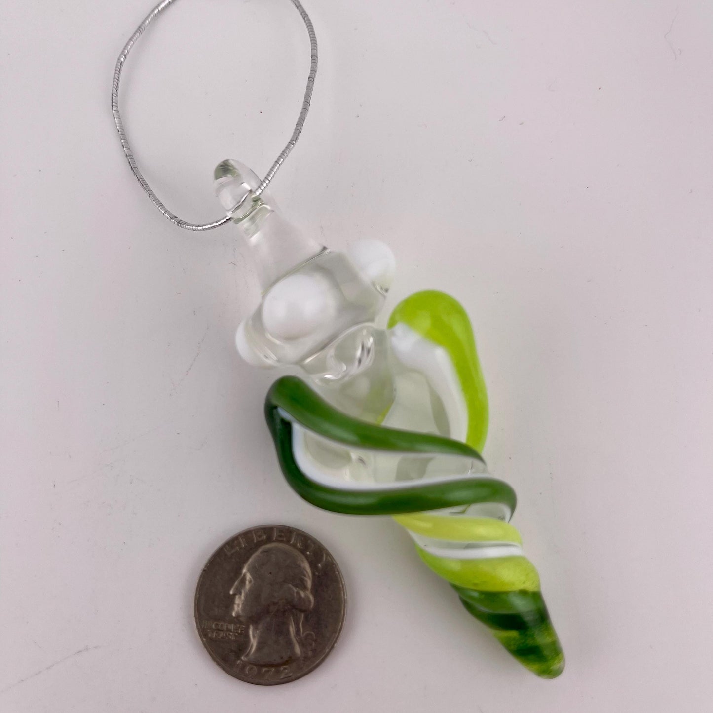 Mini Glass Icicle Ornament with Slymm Green and Sparkly green over Lotus White Color Twist - JeffBeckerGlass.com