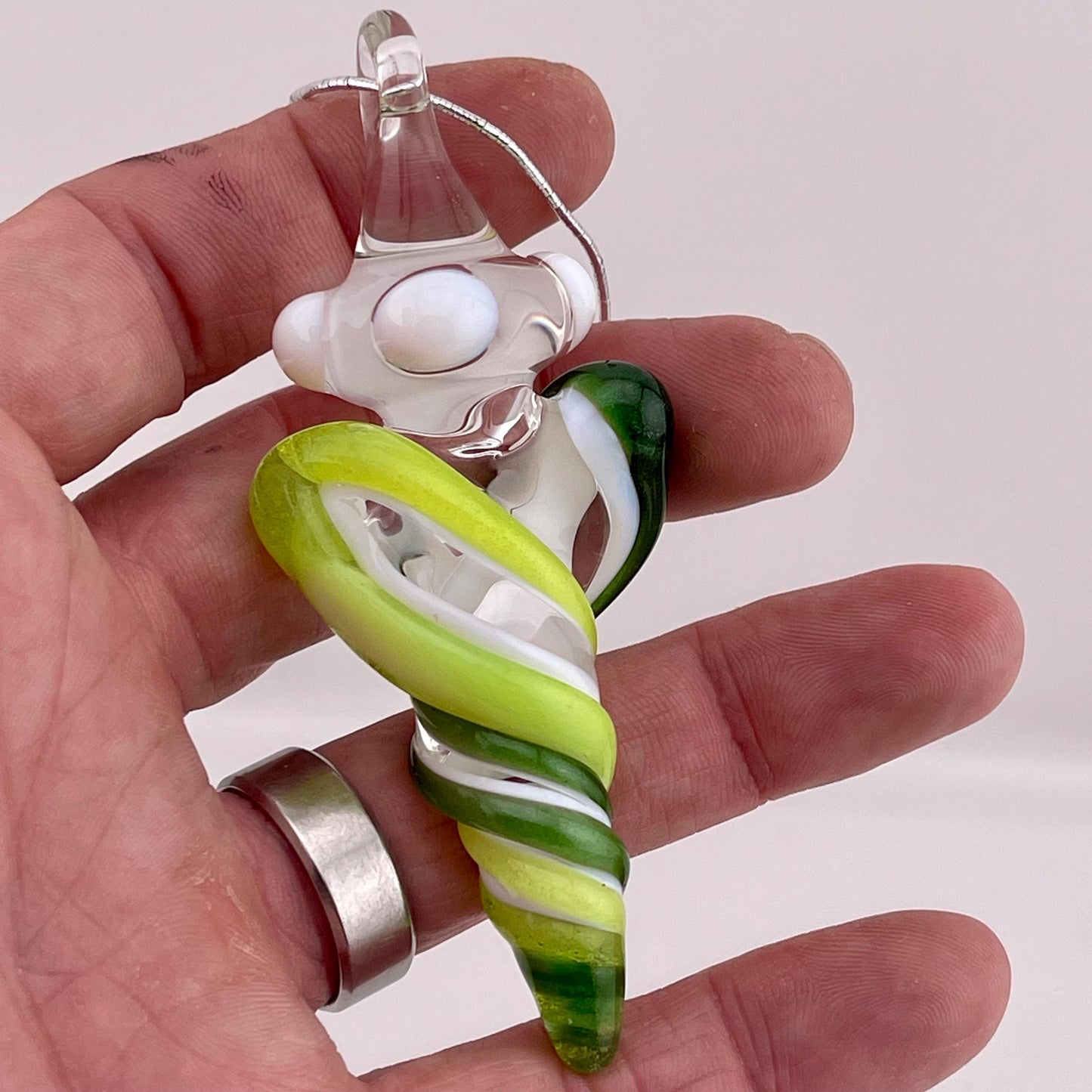 Mini Glass Icicle Ornament with Slymm Green and Sparkly green over Lotus White Color Twist - JeffBeckerGlass.com