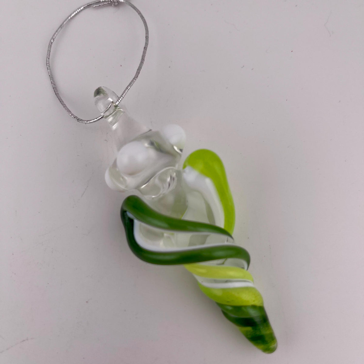 Mini Glass Icicle Ornament with Slymm Green and Sparkly green over Lotus White Color Twist - JeffBeckerGlass.com