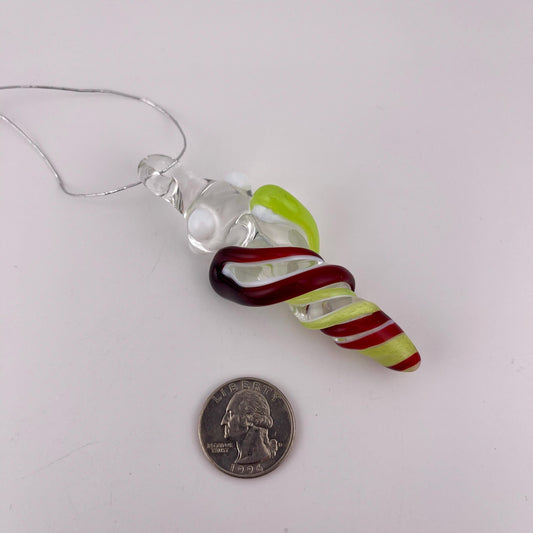 Mini Glass Icicle Ornament with Elvis Red and Green Slime over Lotus White Color Twister - JeffBeckerGlass.com