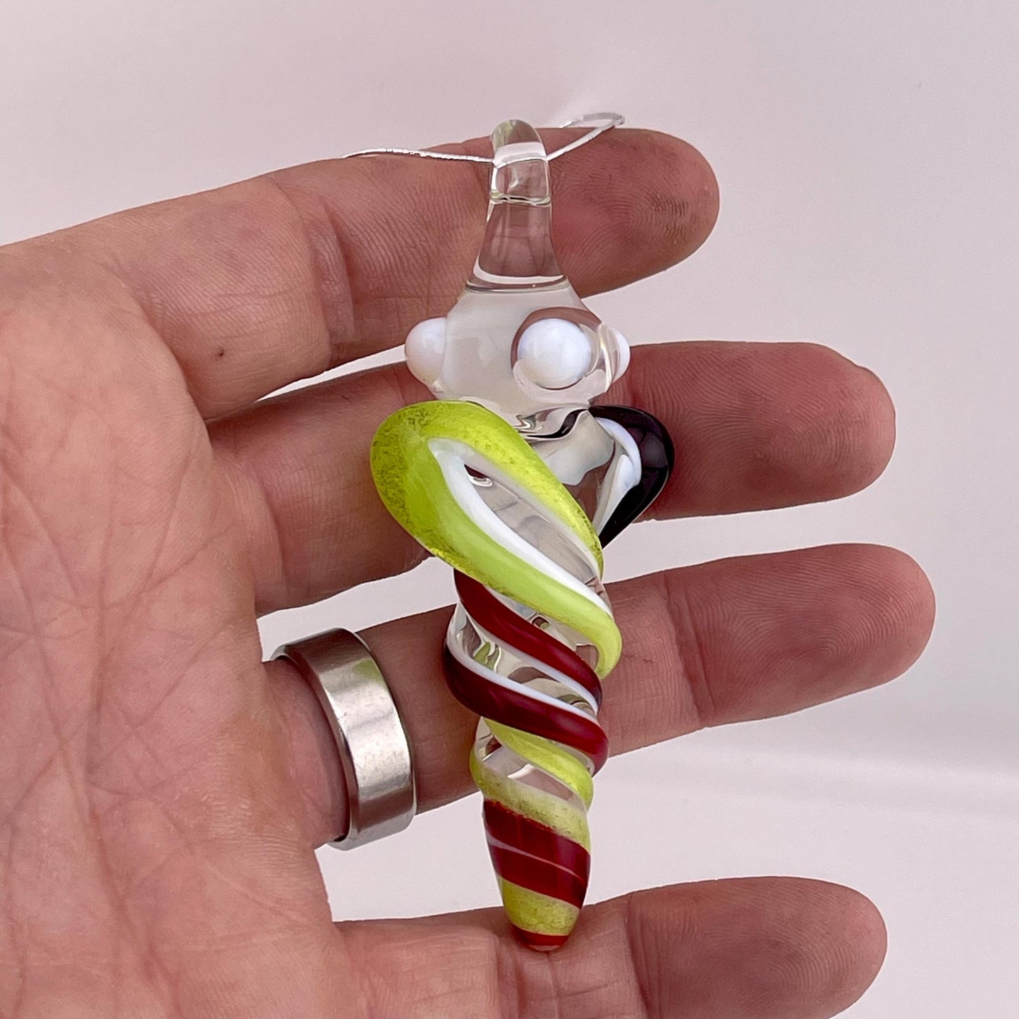 Mini Glass Icicle Ornament with Elvis Red and Green Slime over Lotus White Color Twister