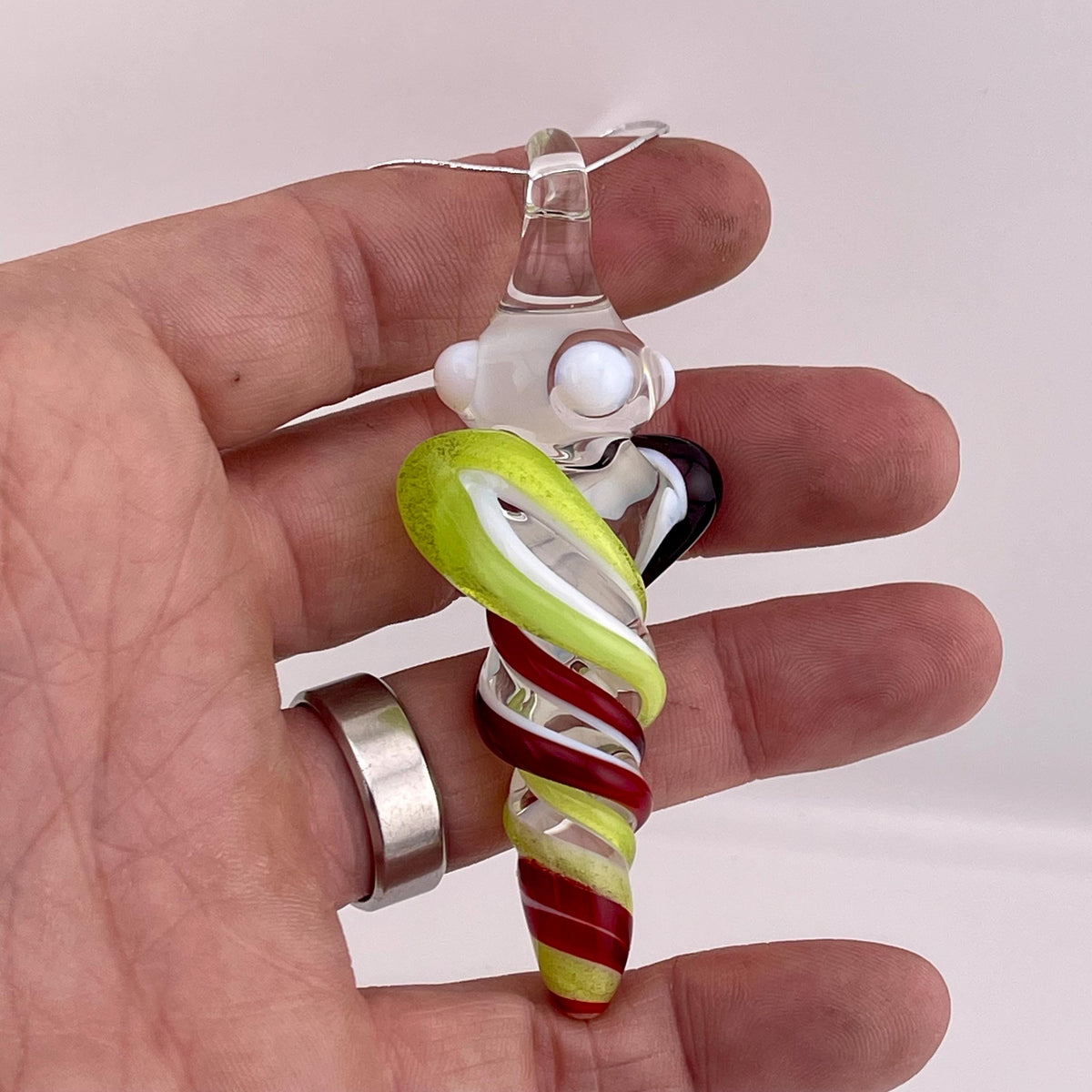 Mini Glass Icicle Ornament with Elvis Red and Green Slime over Lotus White Color Twister - JeffBeckerGlass.com