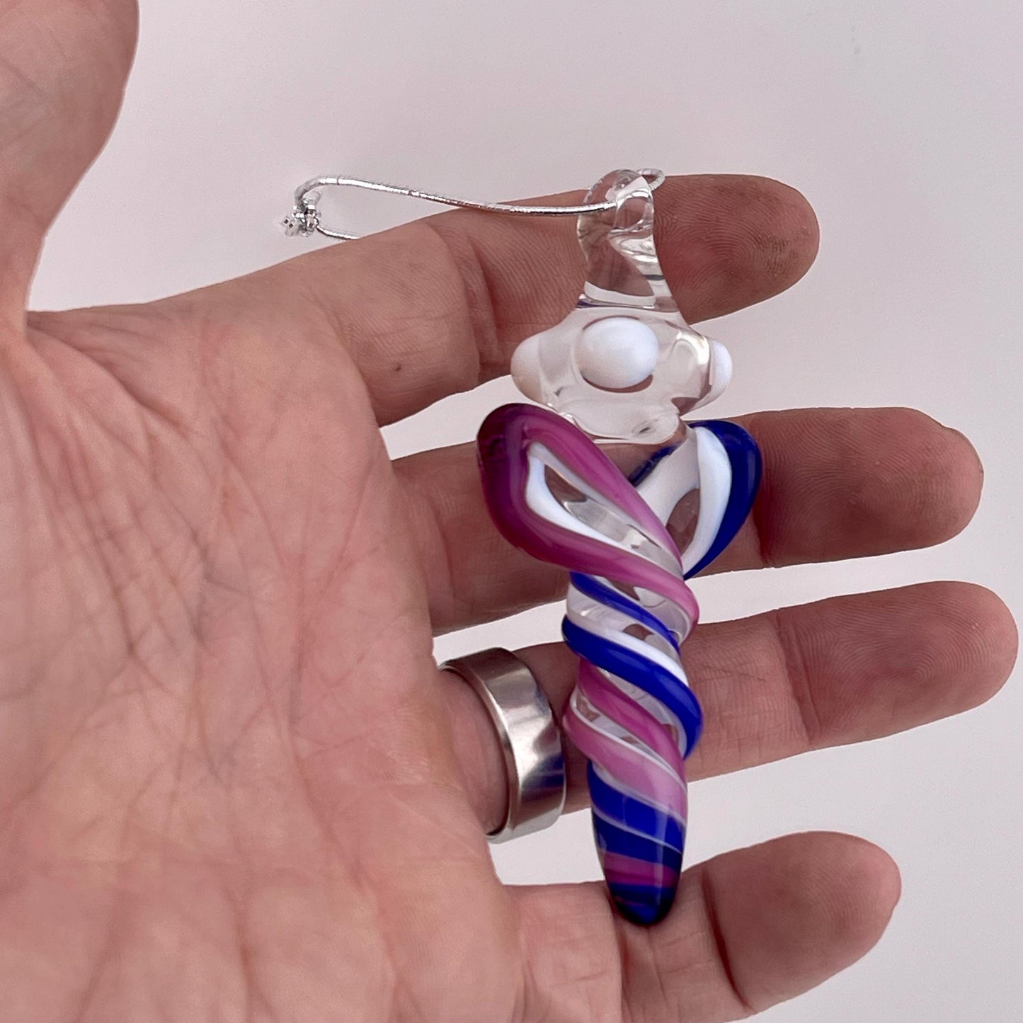 Mini Glass Icicle Ornament with Royal Jelly and Cobalt Blue over Lotus White Color Twist - JeffBeckerGlass.com