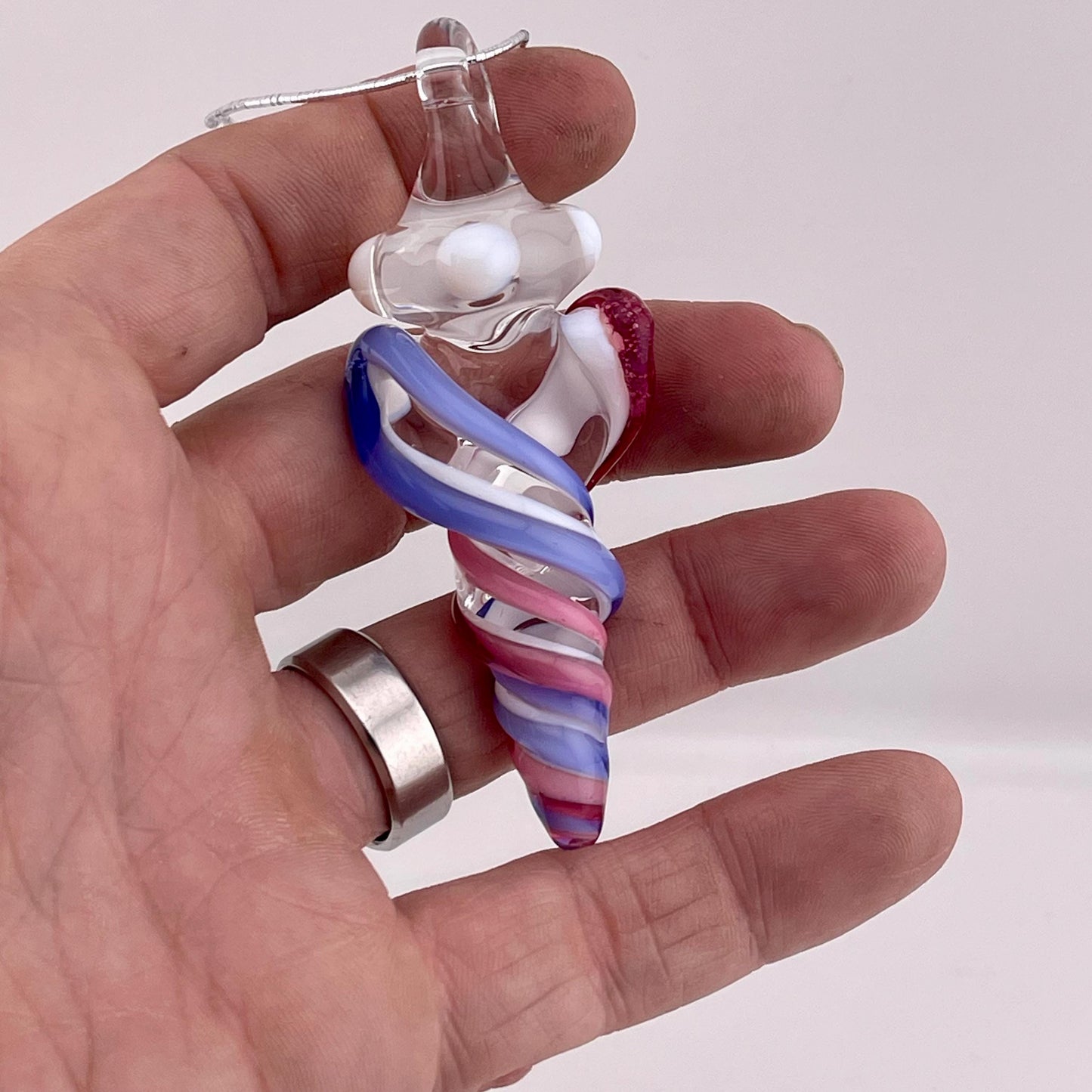 Mini Glass Icicle Ornament with Telemagenta and Light Blue over Lotus White Color Twist
