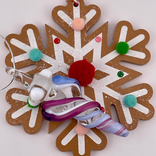 Mini Glass Icicle Ornament with Royal Jelly and Light Blue over Lotus White Color Twist - JeffBeckerGlass.com