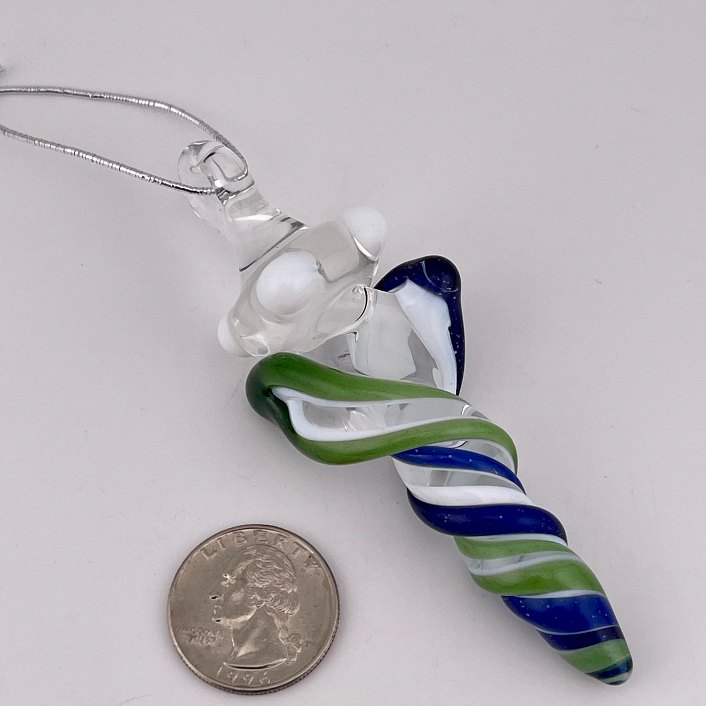 Mini Glass Icicle Ornament with Blizzard Blue and Sparkly Green over Lotus White Color Twist - JeffBeckerGlass.com