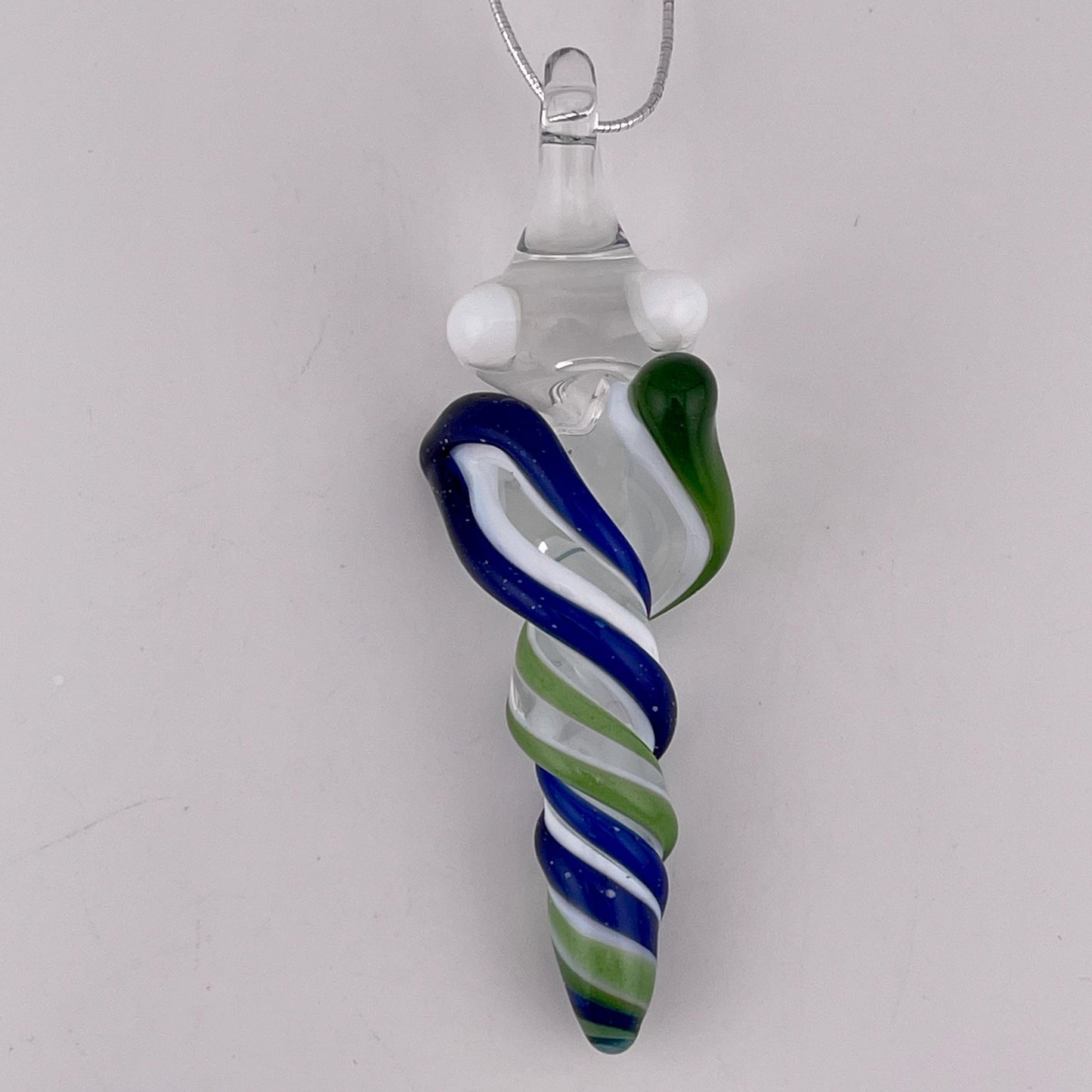 Mini Glass Icicle Ornament with Blizzard Blue and Sparkly Green over Lotus White Color Twist - JeffBeckerGlass.com