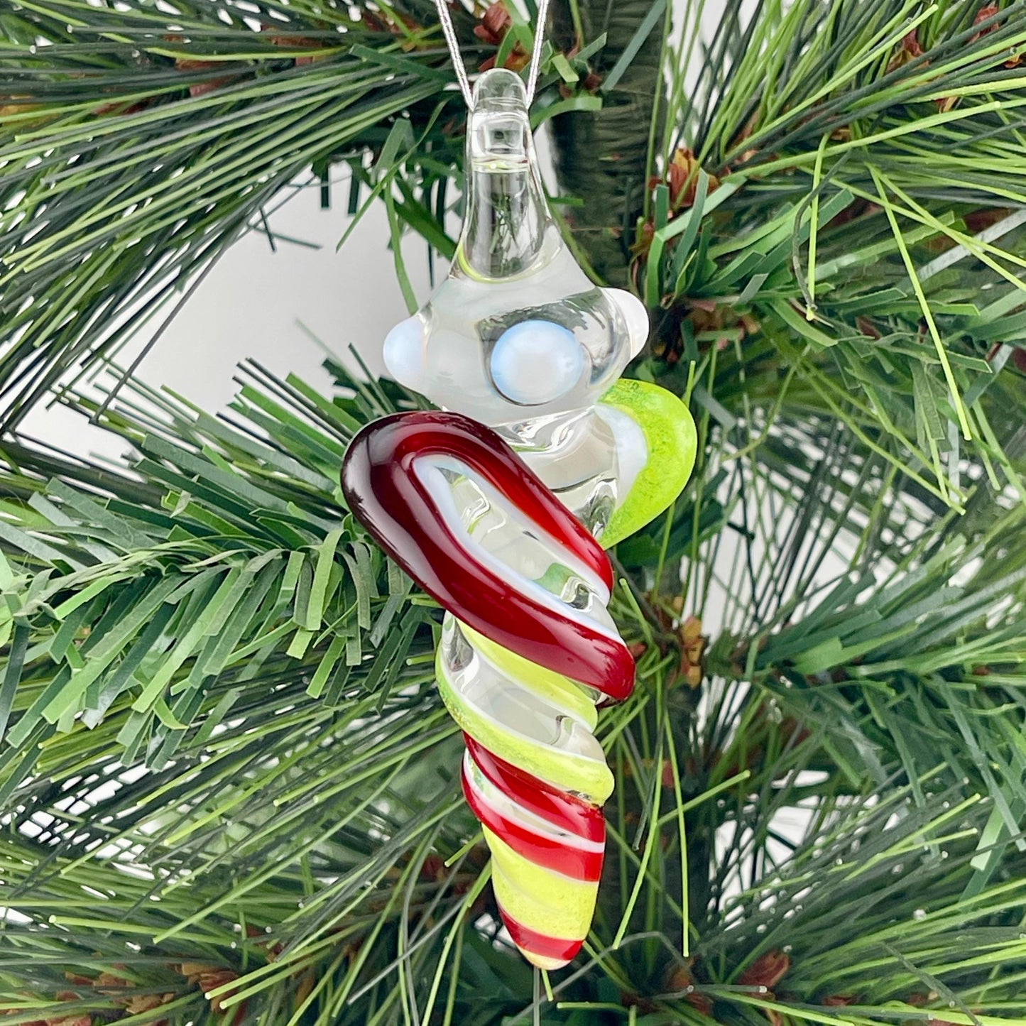 Mini Glass Icicle Ornament with Elvis Red and Green Slime over Lotus White Color Twister - JeffBeckerGlass.com