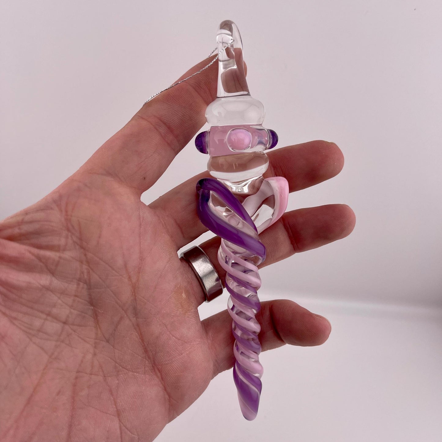 Large Maria Purple and Pink over White Glass Icicle Christmas Ornament