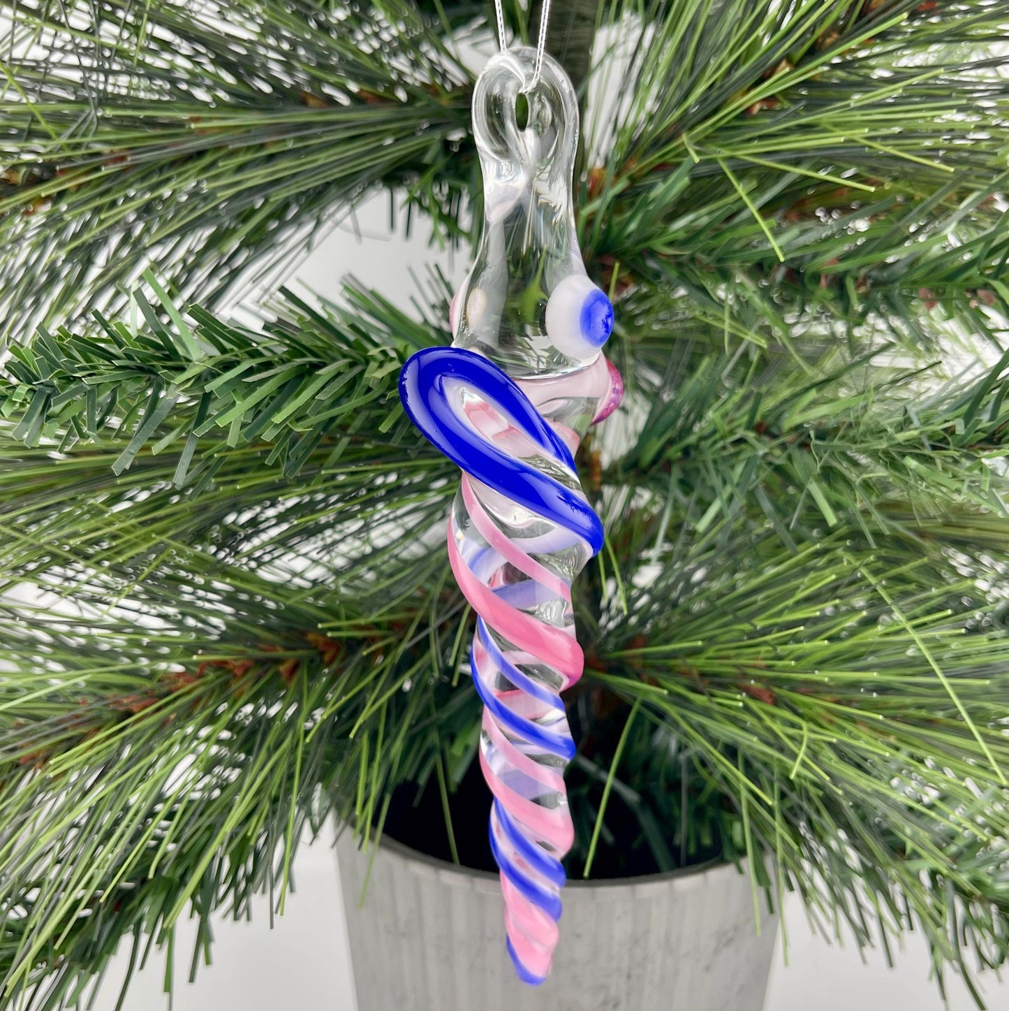 Cobalt Blue and Telemagenta over White Glass Icicle Christmas Ornament