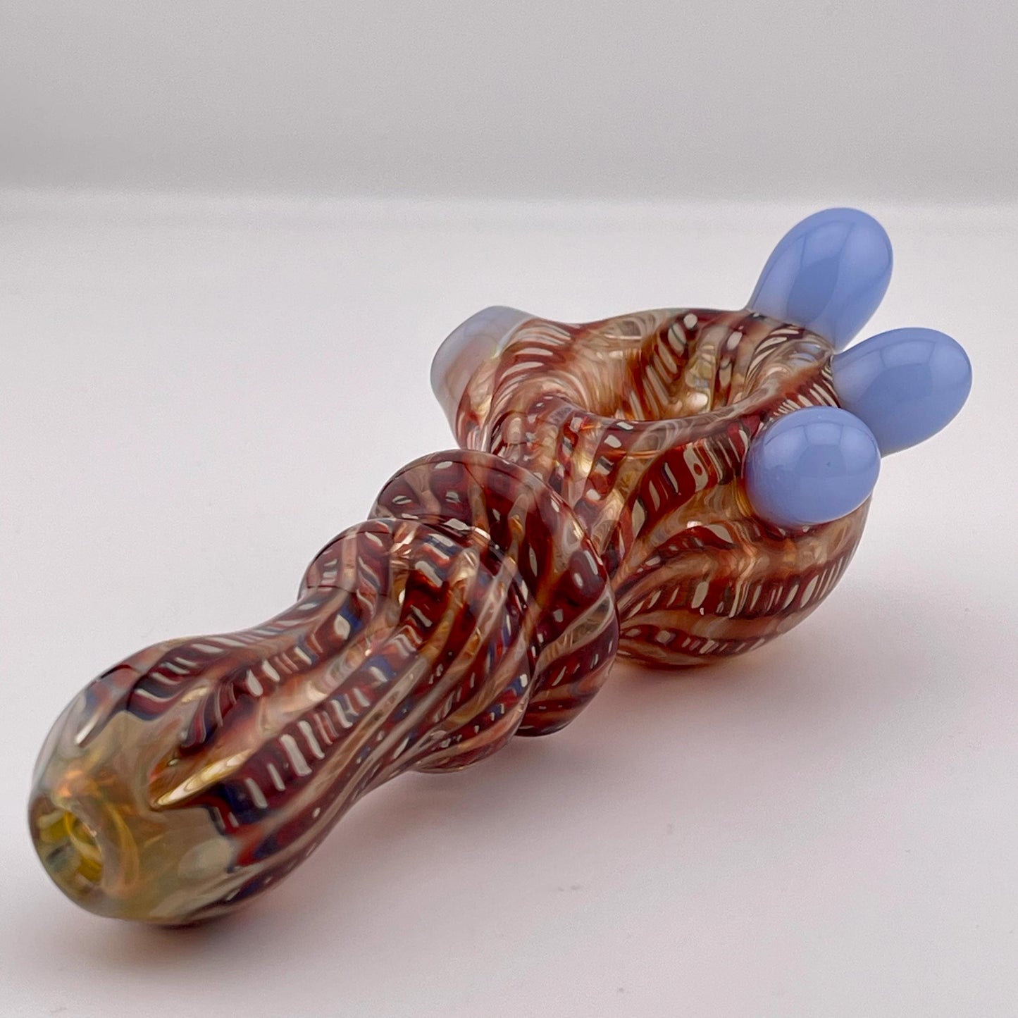 Wrap n Raked Red and Silver Fumed Spoon Pipe with light blue marbles - JeffBeckerGlass.com