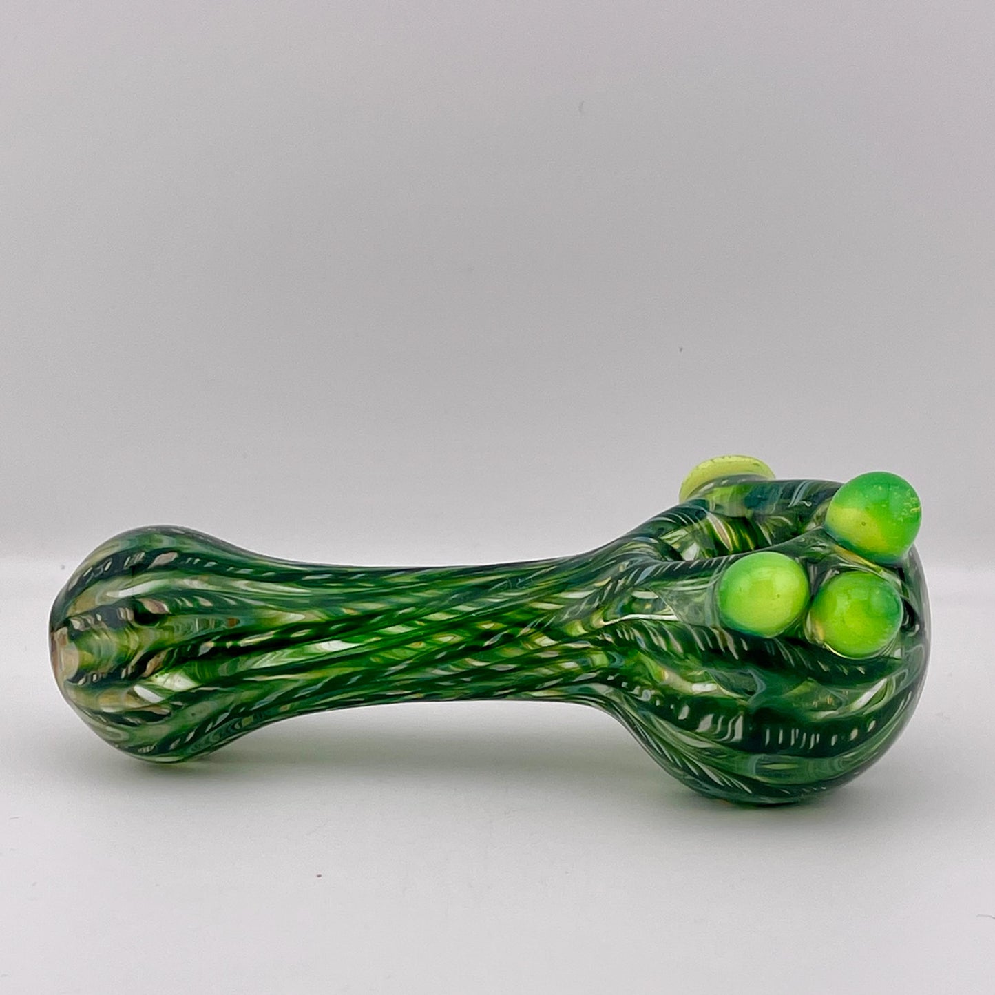 Wrap n Raked Green Silver Fumed Spoon Pipe with slime green marbles - JeffBeckerGlass.com