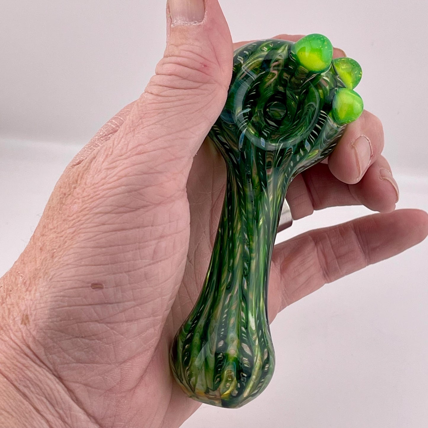 Wrap n Raked Green Silver Fumed Spoon Pipe with slime green marbles - JeffBeckerGlass.com