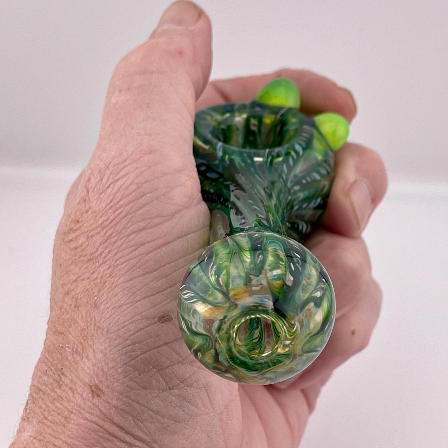 Wrap n Raked Green  Silver Fumed Spoon Pipe with slime green marbles - JeffBeckerGlass.com