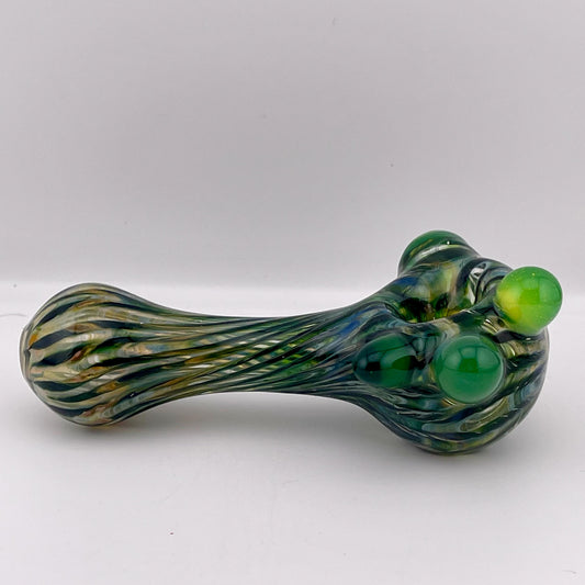 Wrap n Raked Green and Silver Fumed Spoon Pipe with green marbles - JeffBeckerGlass.com