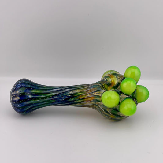 Wrap n Raked  Green and Slime Green marbles and Silver Fumed Spoon Pipe with light blue marbles - JeffBeckerGlass.com