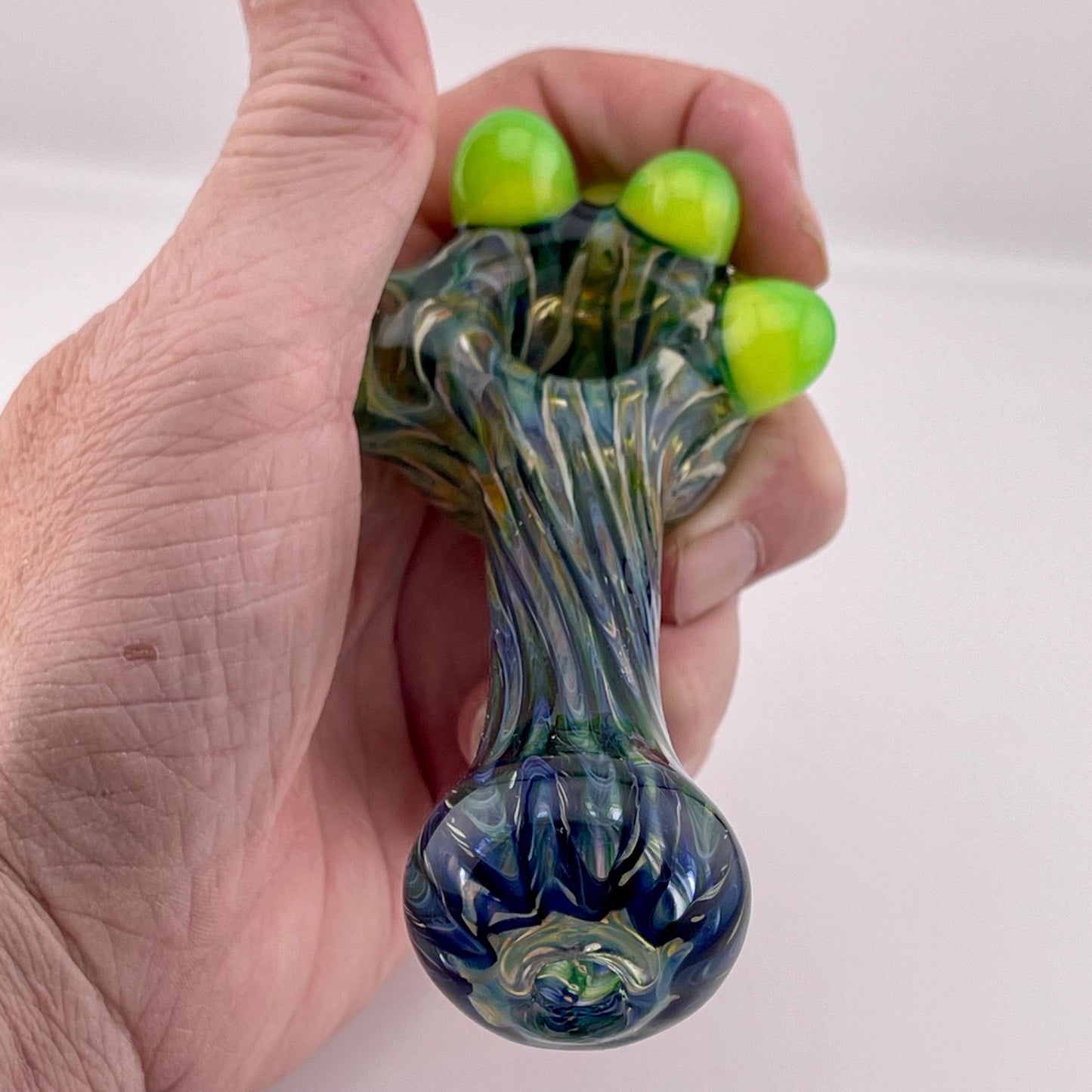 Wrap n Raked  Green and Slime Green marbles and Silver Fumed Spoon Pipe with light blue marbles - JeffBeckerGlass.com