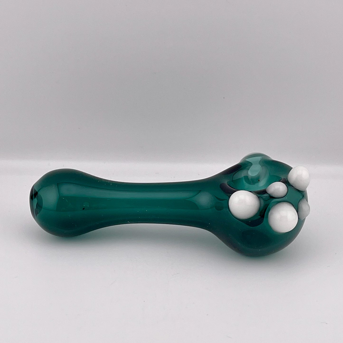 Solid Blue Green Spoon Pipe with white glow n the dark marbles