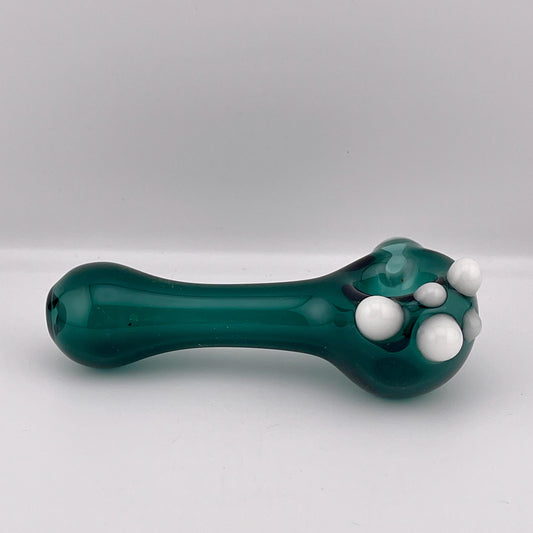 Solid Blue Green Spoon Pipe with white glow n the dark marbles - JeffBeckerGlass.com