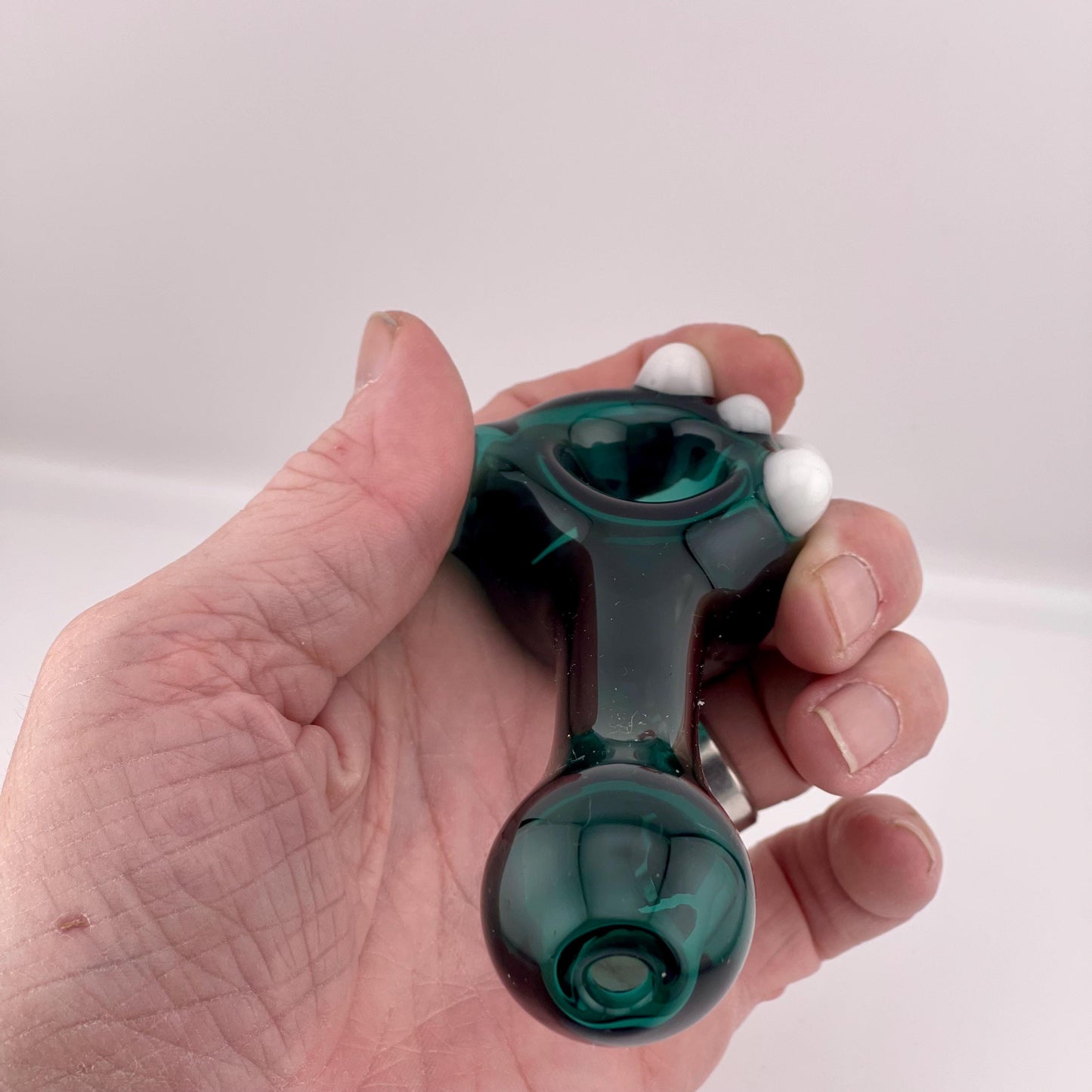 Solid Blue Green Spoon Pipe with white glow n the dark marbles