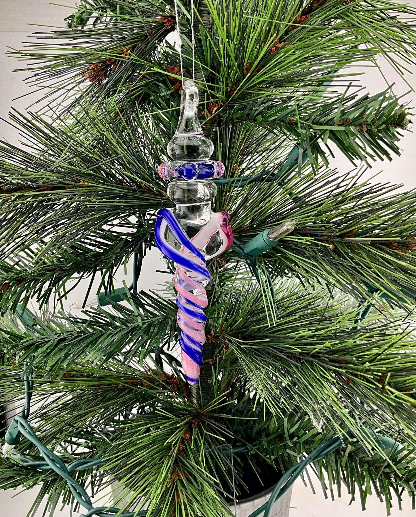 Telemagenta and Neptune Blue Glass Icicle Christmas Ornaments with clear Maria - JeffBeckerGlass.com